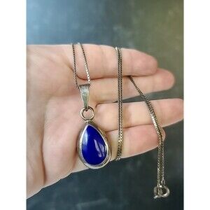 925 Sterling Silver Faux Stone Blue Inlay Pendant Necklace Vintage